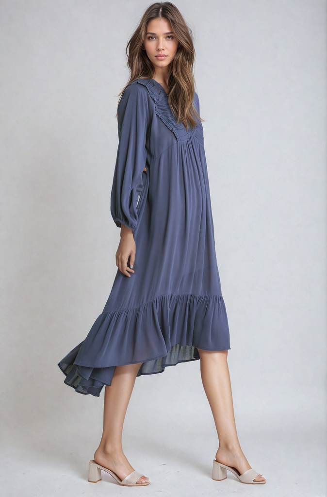 Ruffle Long sleeve V neck Midi Dress  – Autumn Grove Clothing
