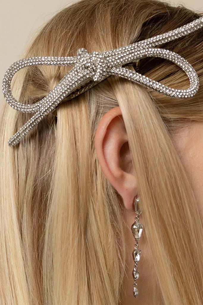 SILVER RHINESTONE BOW TIE HAIR CLIP