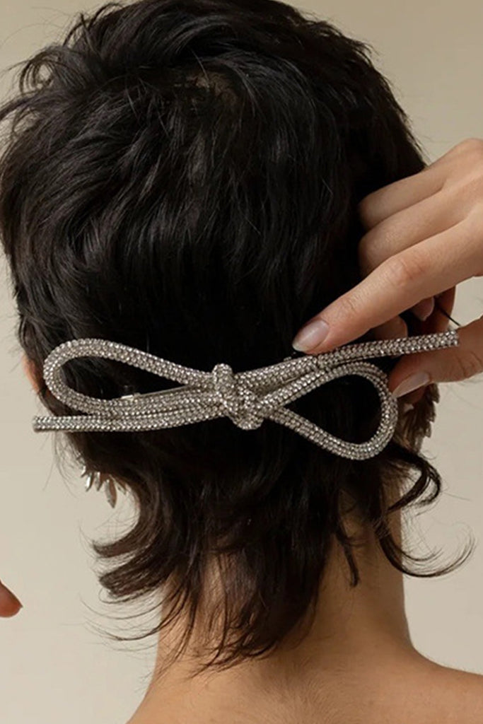 SILVER RHINESTONE BOW TIE HAIR CLIP